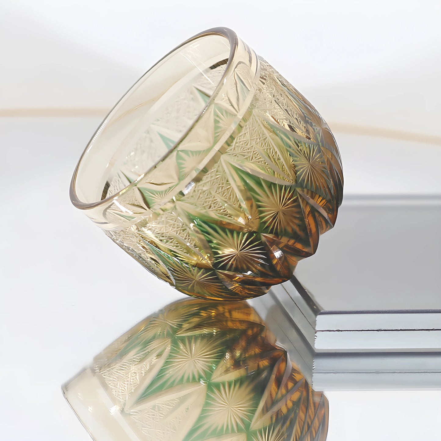 Edo Kiriko Hand-Blown Amber Floral Radiance Glass Tumbler