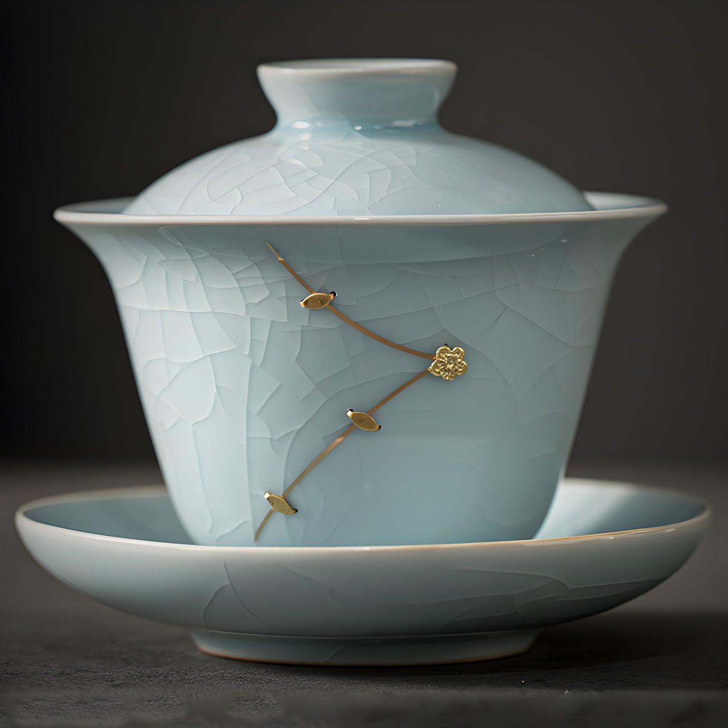 Auric Stitch Elegante Keramik-Gaiwan mit goldenen Blumenakzenten