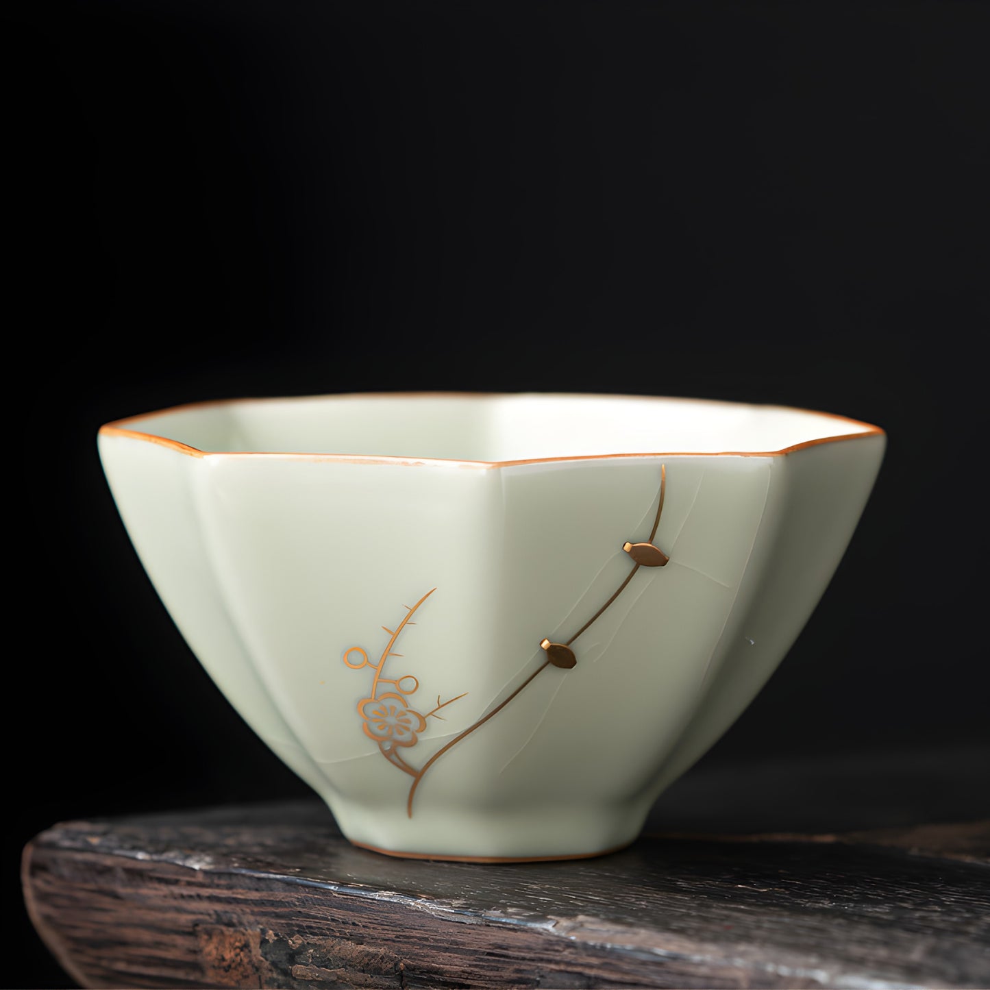 Auric Stitch Elegant Octagonal Ceramic Tea Cup with Golden Floral Accents