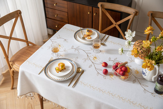 Goldene Gänseblümchen-Tischdecke aus besticktem Baumwoll-Leinen